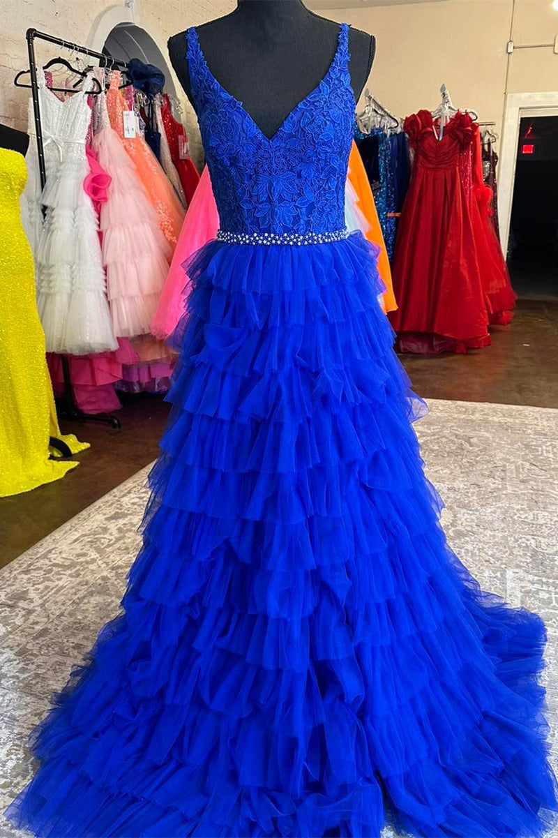 V-Neck Royal Blue Appliques Ruffle Tulle Prom Dress