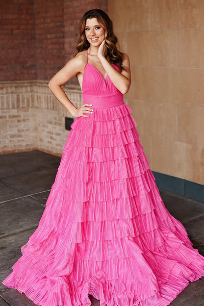 Pleated Magenta Straps Ruffle Layered Formal Dress
