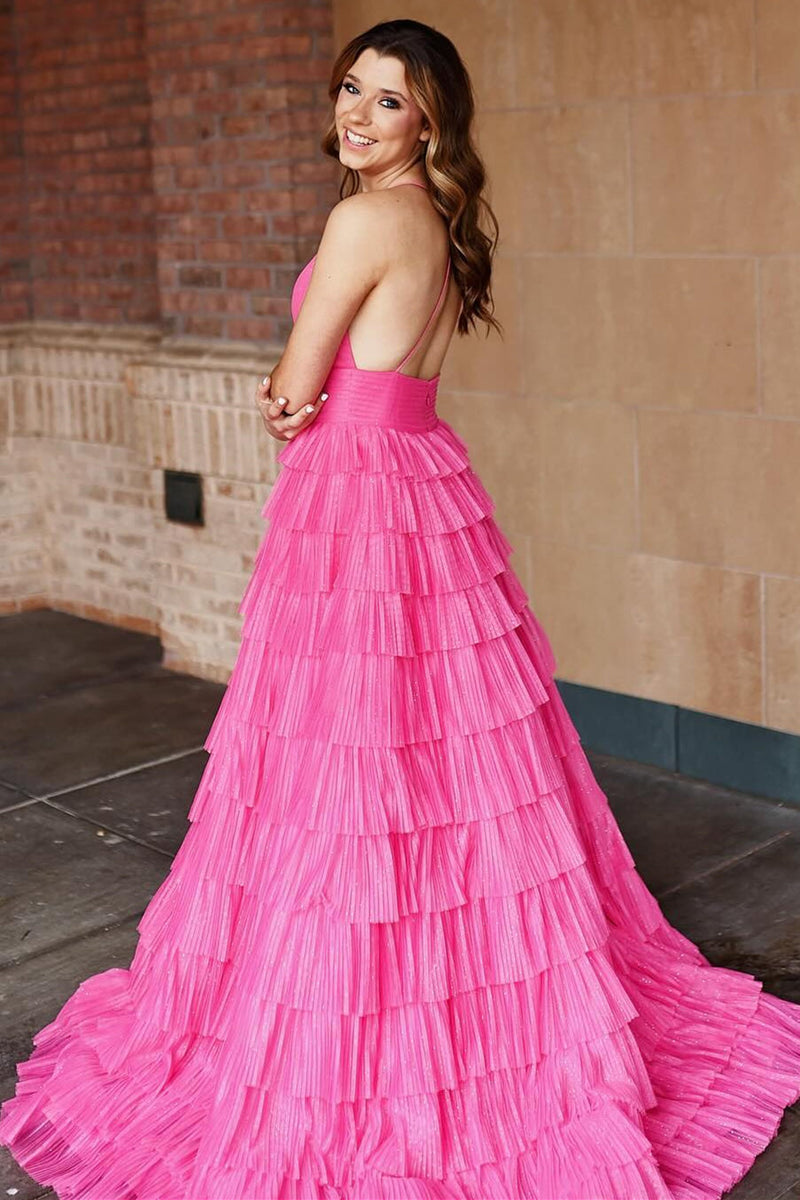 Pleated Magenta Straps Ruffle Layered Formal Dress