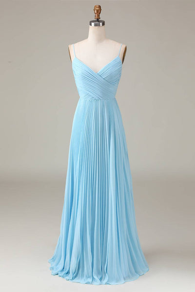Pleated V-Neck Light Blue Chiffon Long Bridesmaid Dress