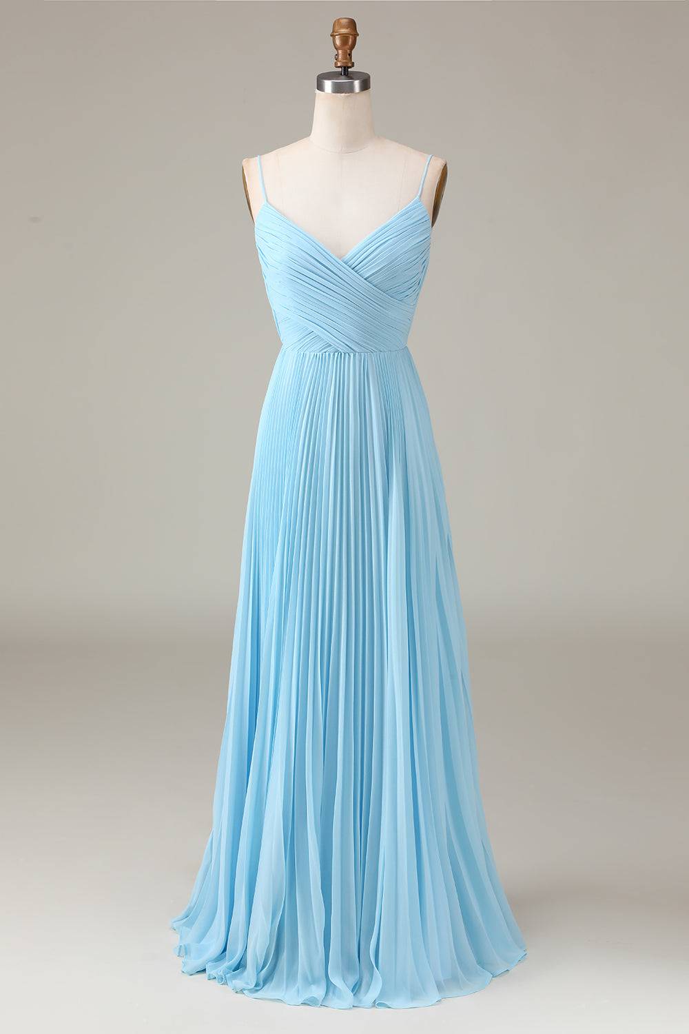 Pleated V-Neck Light Blue Chiffon Long Bridesmaid Dress – FancyVestido