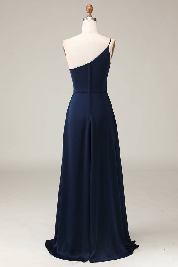 Chic One Shoulder Black Chiffon Long Bridesmaid Dress