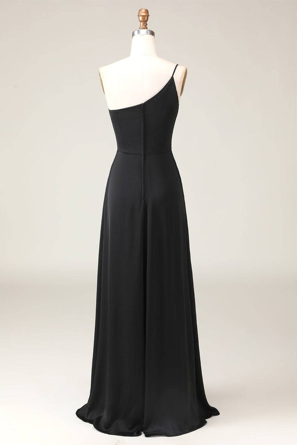 Chic One Shoulder Black Chiffon Long Bridesmaid Dress