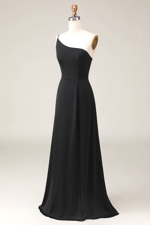 Chic One Shoulder Black Chiffon Long Bridesmaid Dress