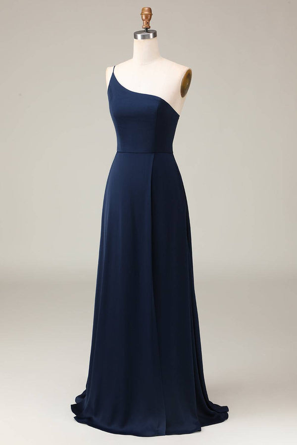 Chic One Shoulder Black Chiffon Long Bridesmaid Dress