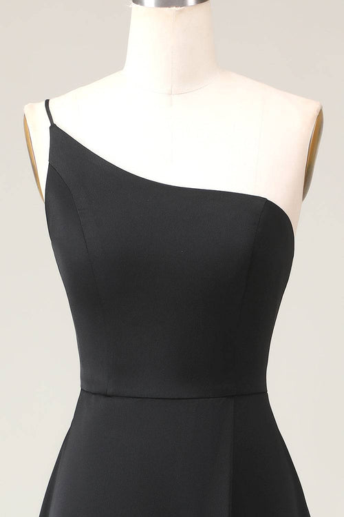 Chic One Shoulder Black Chiffon Long Bridesmaid Dress