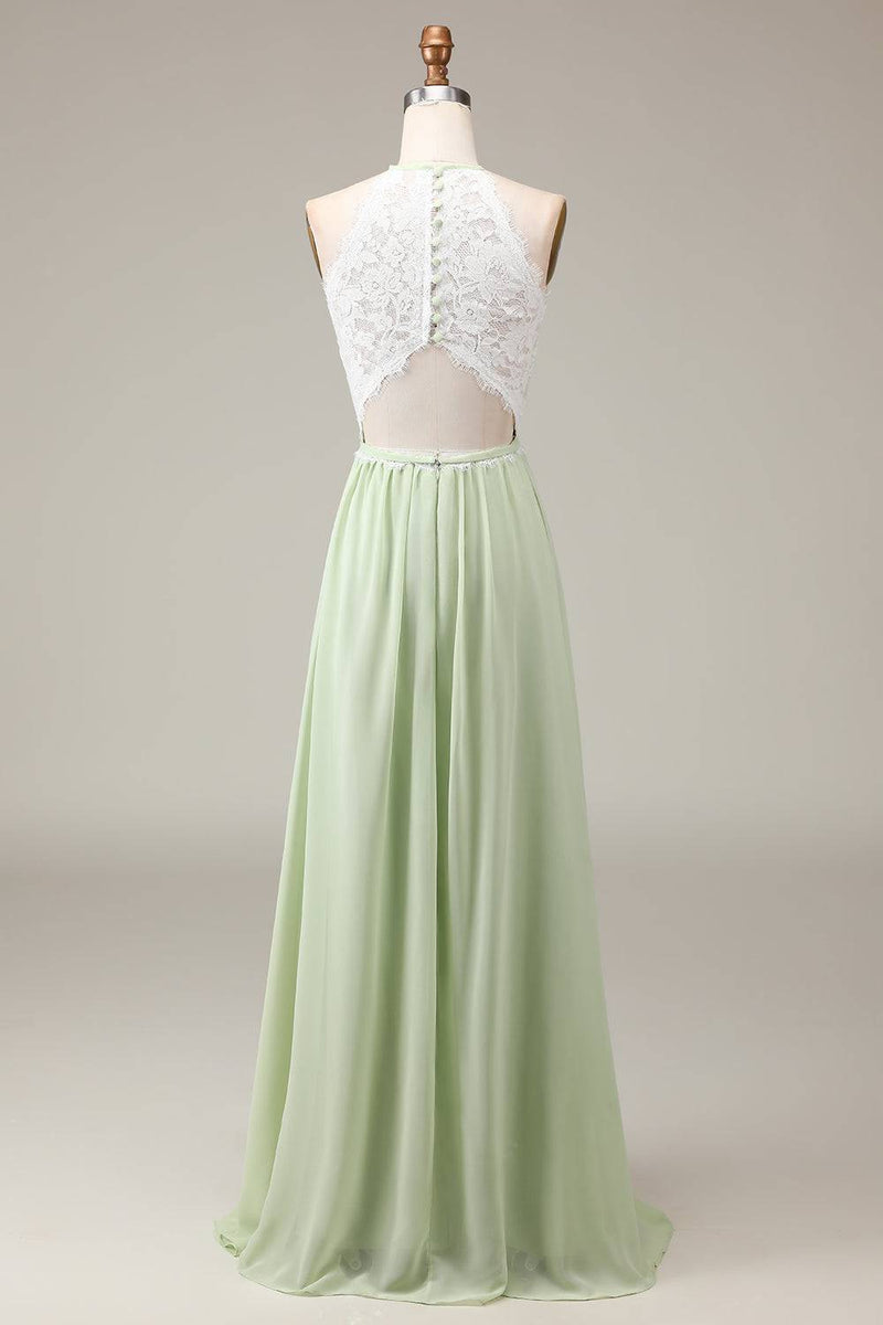 Light Green Lace Top A-Line Long Bridesmaid Dress