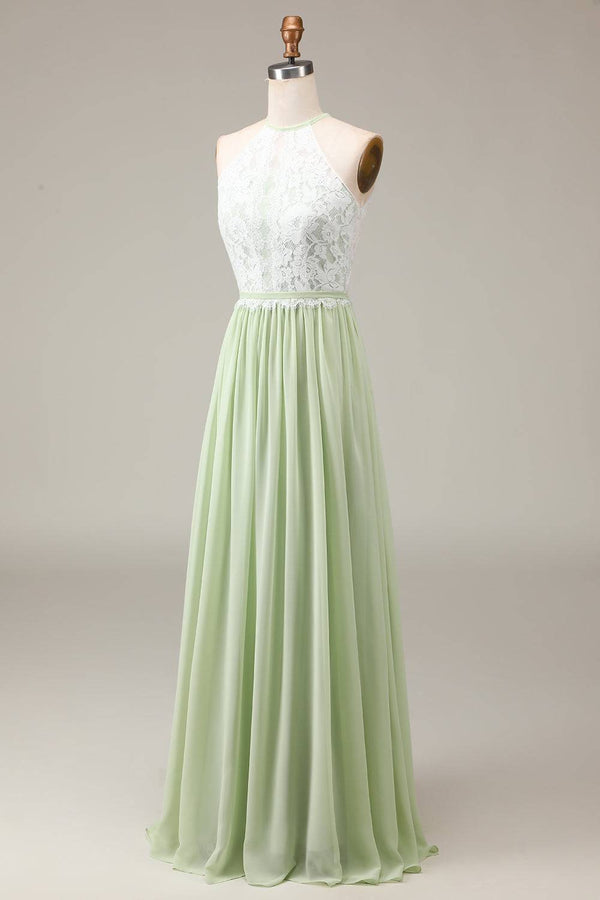Light Green Lace Top A-Line Long Bridesmaid Dress