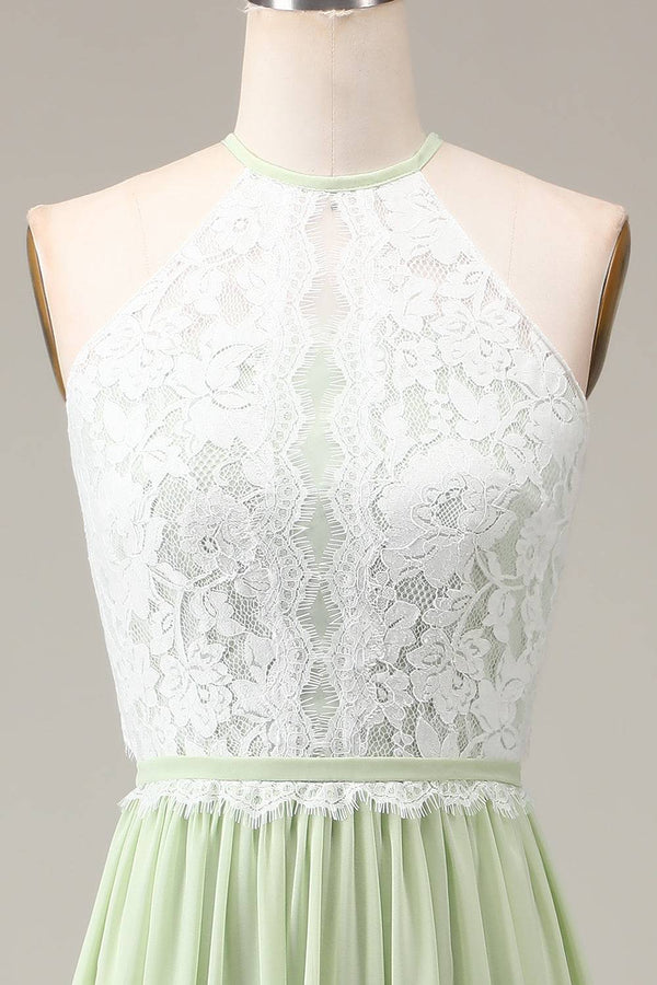 Light Green Lace Top A-Line Long Bridesmaid Dress