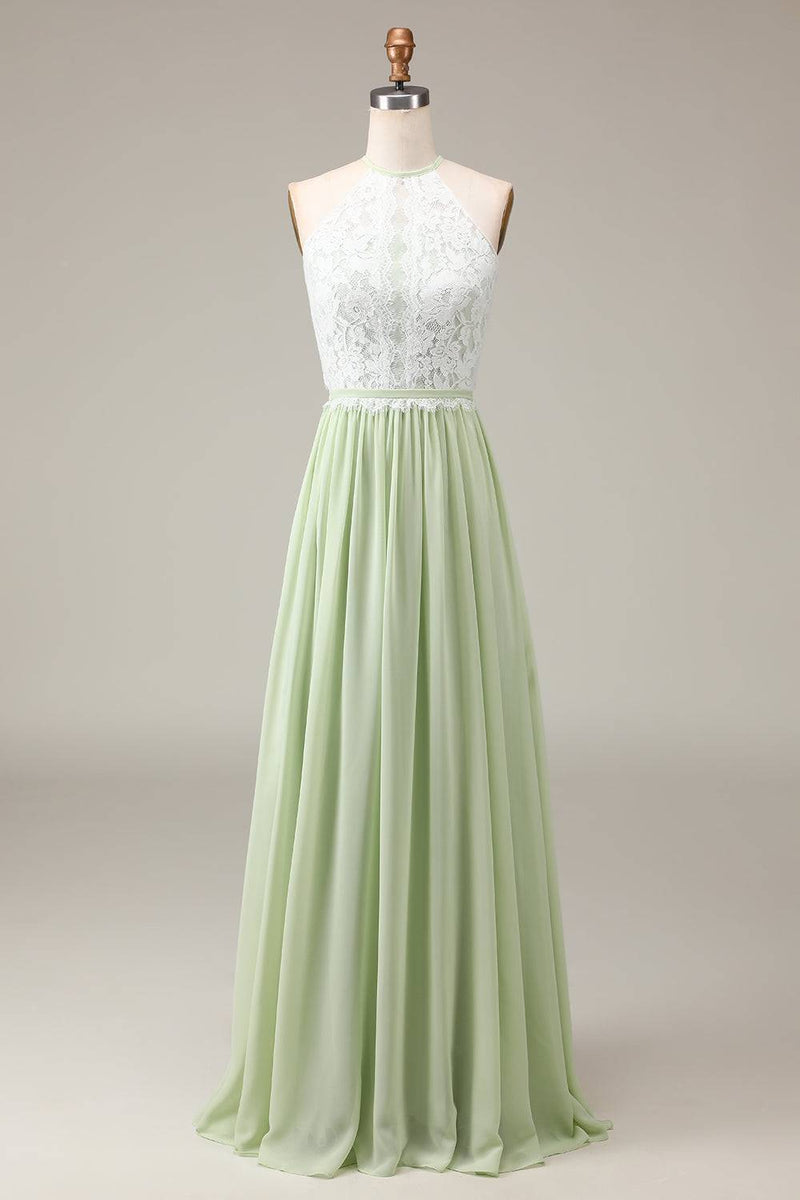 Light Green Lace Top A-Line Long Bridesmaid Dress