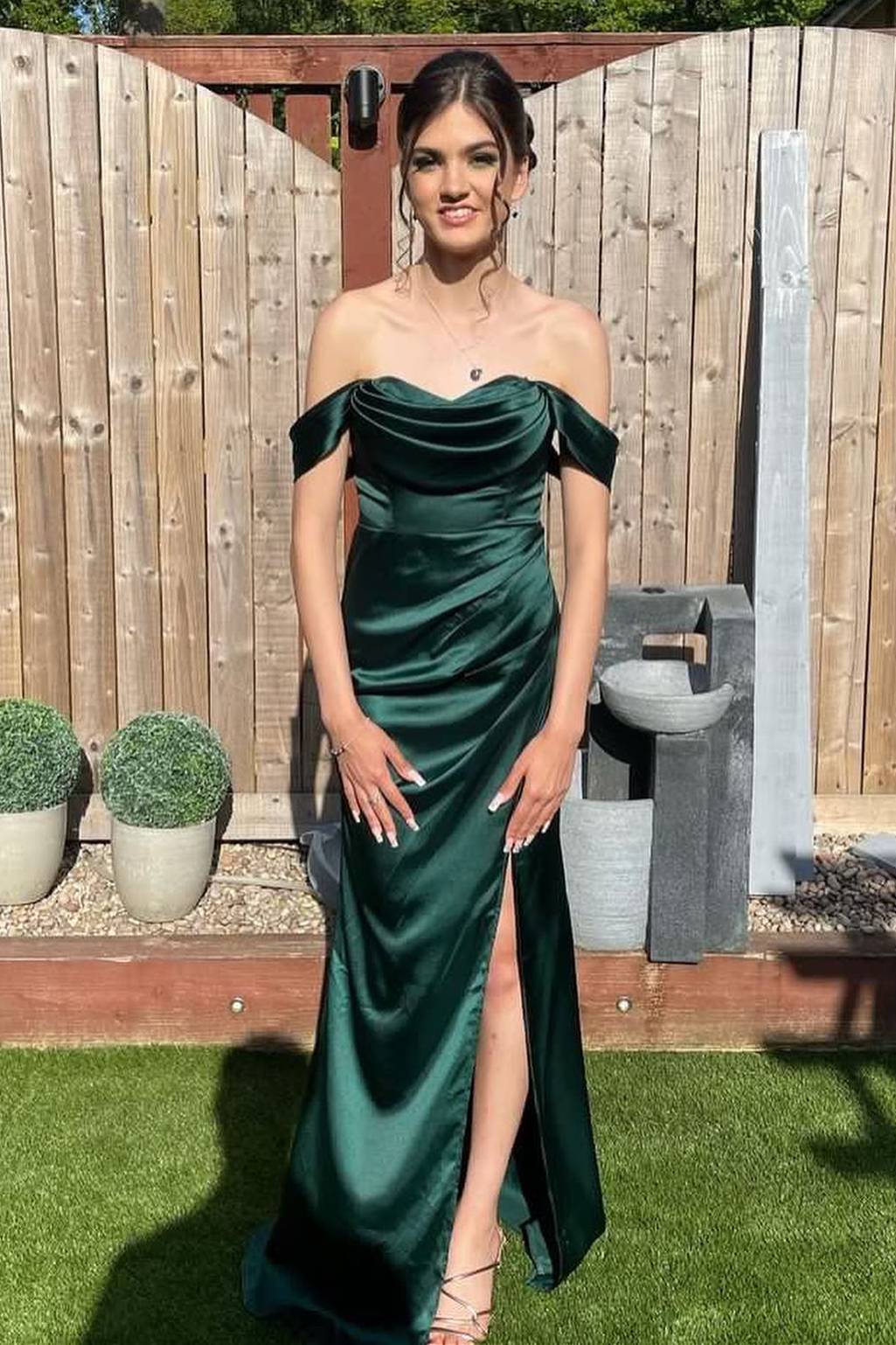 Off the Shoulder Dark Green Long Bridesmaid Dress with Slit – FancyVestido