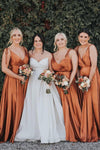 Tie Shoulder V-Neck Burnt Orange Long Bridesmaid Dress