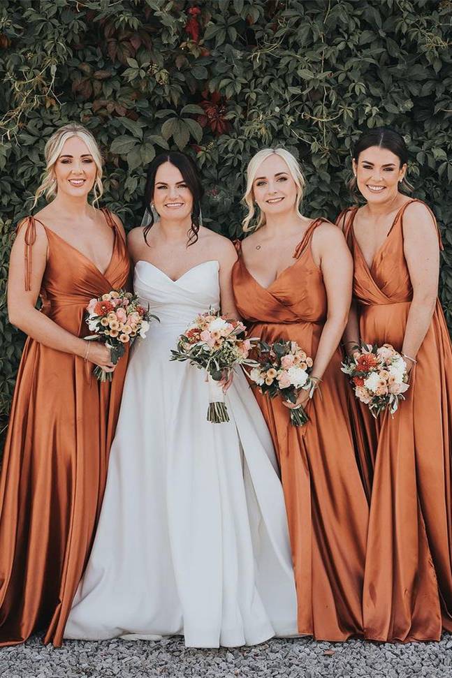 Tie Shoulder V-Neck Burnt Orange Long Bridesmaid Dress FancyVestido Tie Shoulder V-Neck Burnt Orange Long Bridesmaid Dress FancyVestido