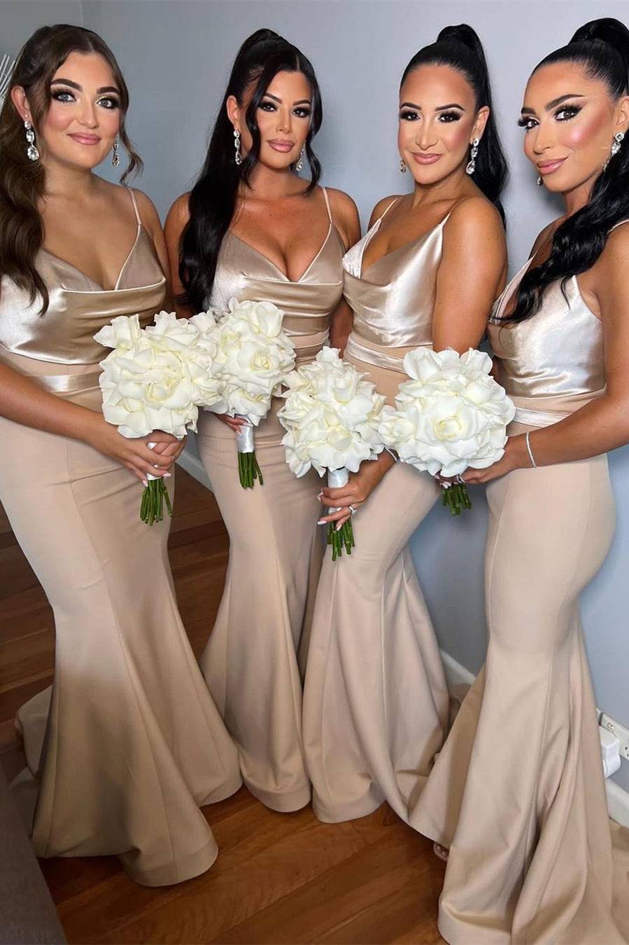 Straps Champagne Cowl Neck Long Bridesmaid Dress