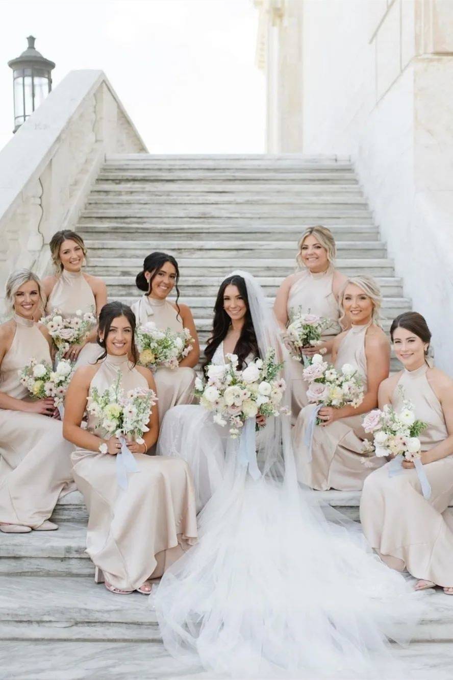 Elegant High Neck Dusty Rose Long Bridesmaid Dress