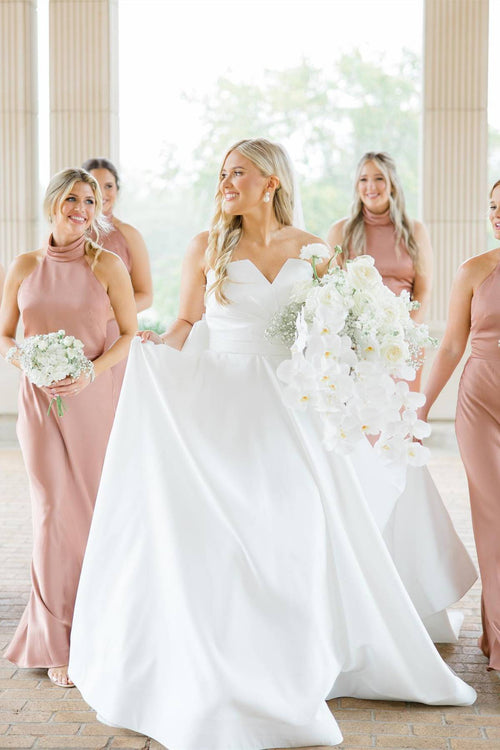 Elegant High Neck Dusty Rose Long Bridesmaid Dress