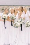 Double V-Neck White Short Sleeves Chiffon Bridesmaid Dress