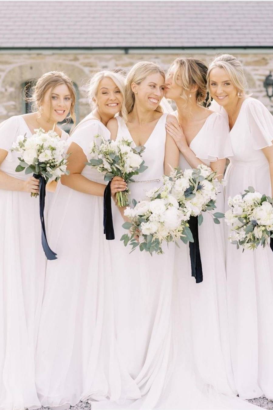Double V-Neck White Short Sleeves Chiffon Bridesmaid Dress – FancyVestido