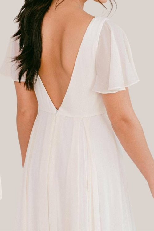 Double V-Neck White Short Sleeves Chiffon Bridesmaid Dress