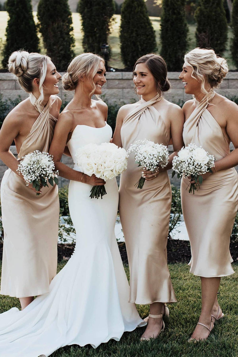 Sage Green Halter Ankle Length Bridesmaid Dress