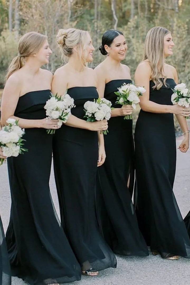 Strapless Black Chiffon Long Bridesmaid Dress with Slit FancyVestido Strapless Black Chiffon Long Bridesmaid Dress with Slit FancyVestido
