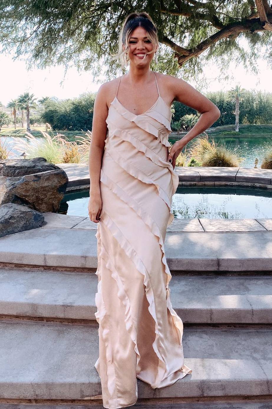 sachin and babi light blue dress Champagne Satin Maxi Dress With Corset Bodice and Side Slit, Long Sleeve  Gown for Elopement, Bridal Shower or Elegant Ceremony main image 0