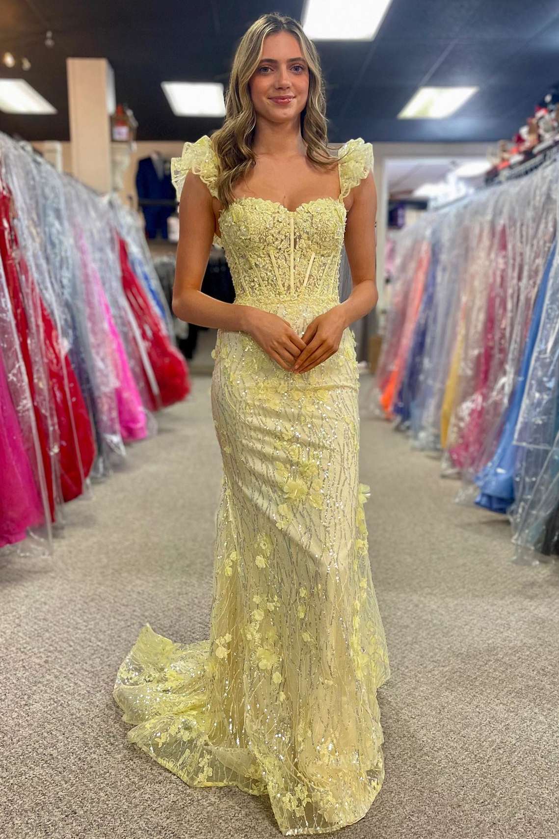 Yellow Ruffle Straps 3D Flower Mermaid Long Prom Dress – FancyVestido