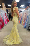Yellow Ruffle Straps 3D Flower Mermaid Long Prom Dress