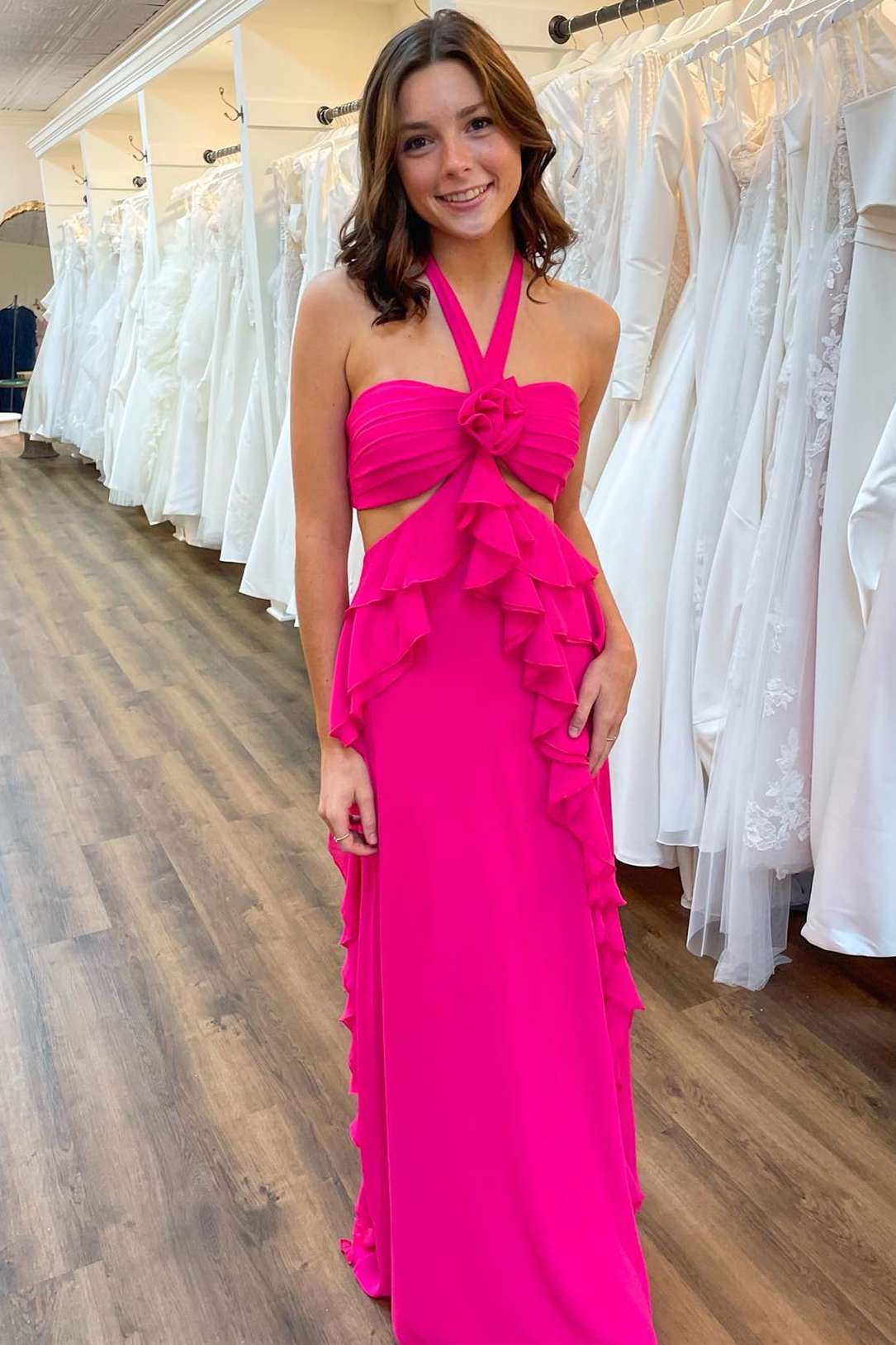 Halter Magenta Cut Out Ruffle Long Formal Dress FancyVestido Halter Magenta Cut Out Ruffle Long Formal Dress FancyVestido