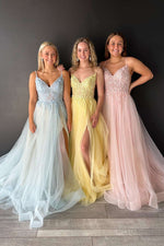 V-Neck Lace-Up Appliques Tulle A-Line Prom Dress
