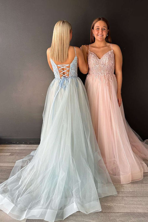 V-Neck Lace-Up Appliques Tulle A-Line Prom Dress