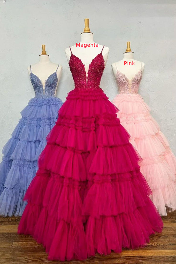 Plunging V-Neck Straps Appliques Layered Prom Dress