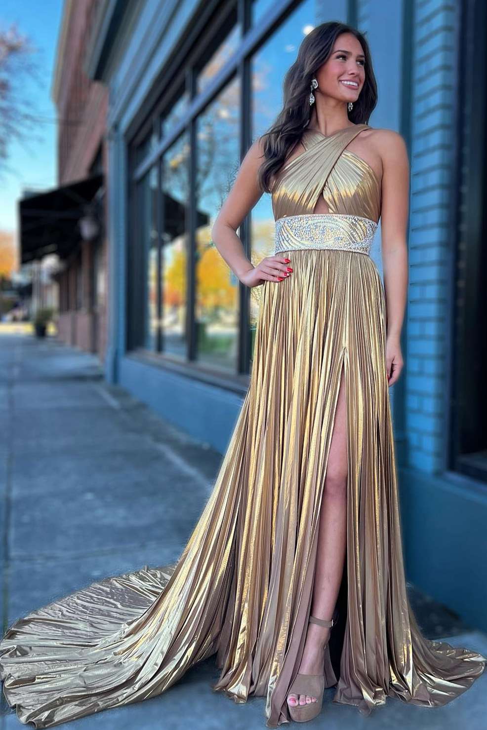 Pleated Criss Cross Straps Metallic Long Prom Dress FancyVestido Pleated Criss Cross Straps Metallic Long Prom Dress FancyVestido