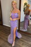 Plunging Neck Straps Lavender Sequin Prom Dress