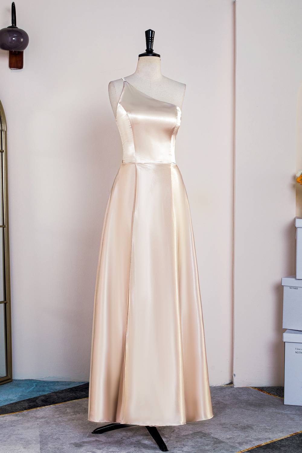 Champagne One Shoulder Satin Midi Bridesmaid Dress FancyVestido Champagne One Shoulder Satin Midi Bridesmaid Dress FancyVestido