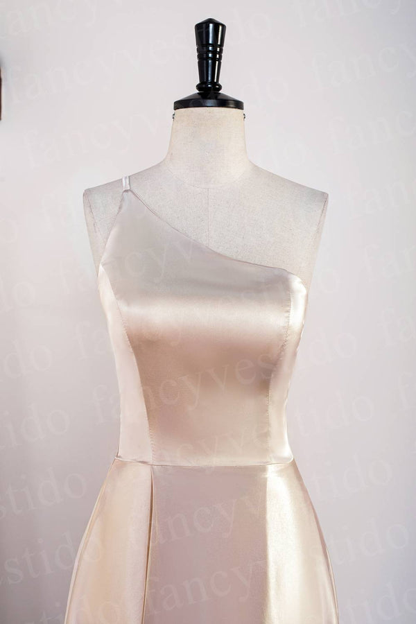 Champagne One Shoulder Satin Midi Bridesmaid Dress