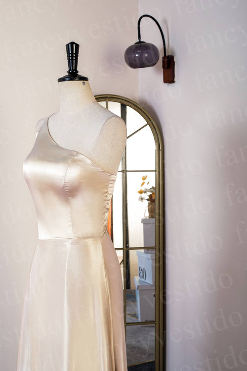 Champagne One Shoulder Satin Midi Bridesmaid Dress