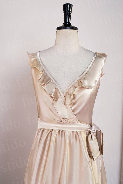 V-Neck Champagne Ruffle Wrap Midi Bridesmaid Dress