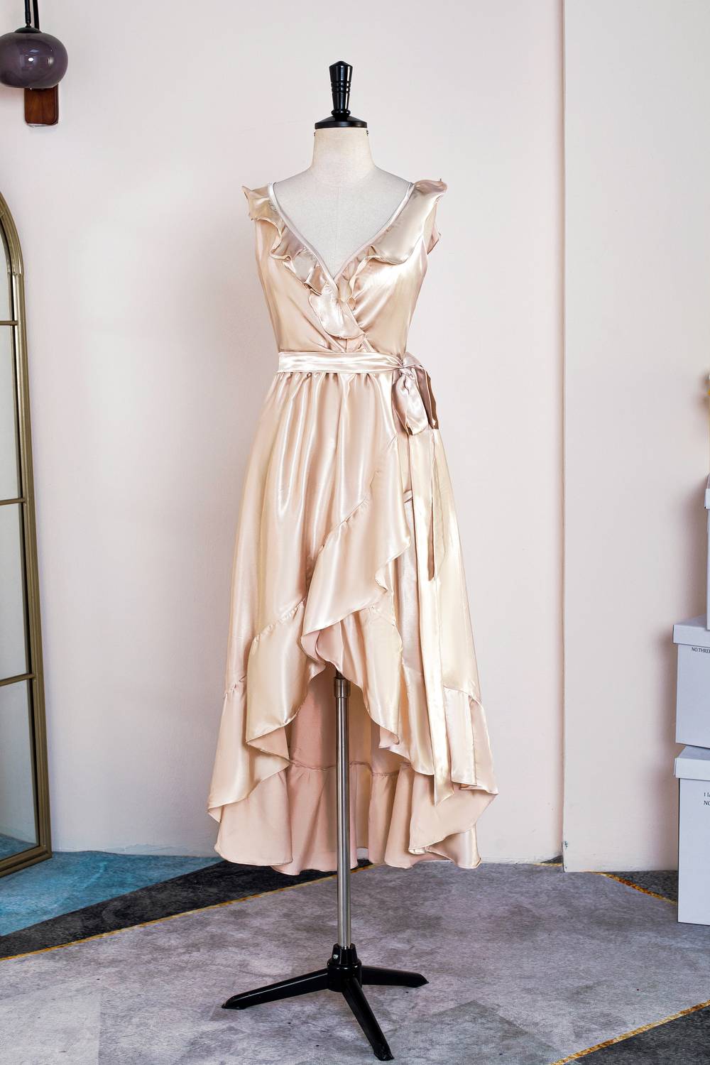 V-Neck Champagne Ruffle Wrap Midi Bridesmaid Dress