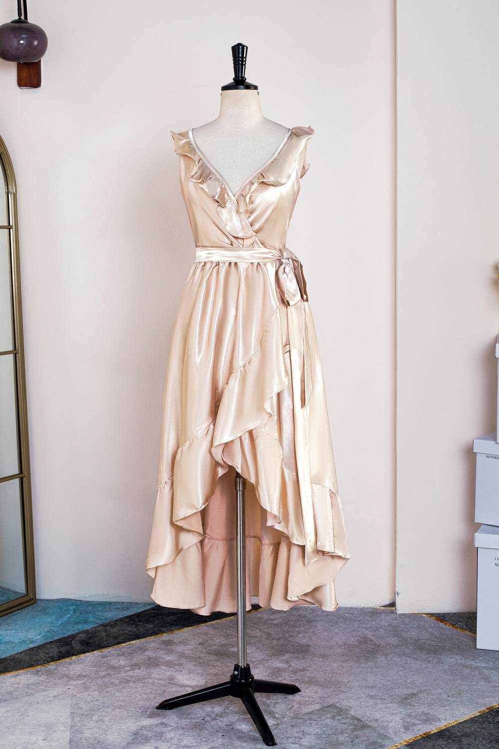 V-Neck Champagne Ruffle Wrap Midi Bridesmaid Dress FancyVestido V-Neck Champagne Ruffle Wrap Midi Bridesmaid Dress FancyVestido