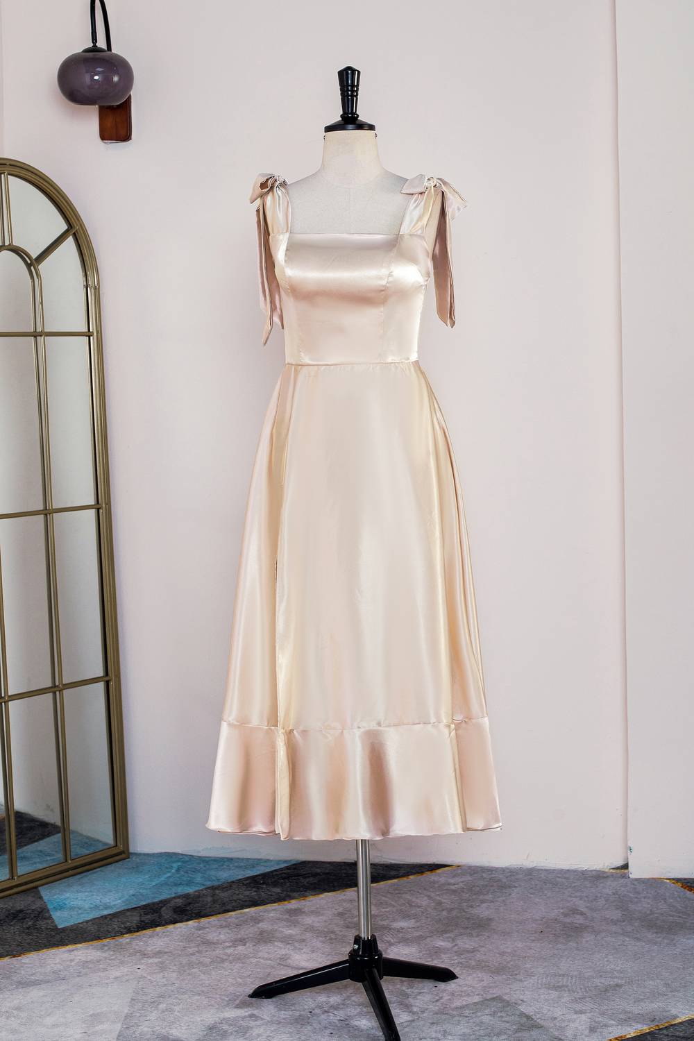 Tie Shoulder Champagne Slit Midi Bridesmaid Dress FancyVestido Tie Shoulder Champagne Slit Midi Bridesmaid Dress FancyVestido