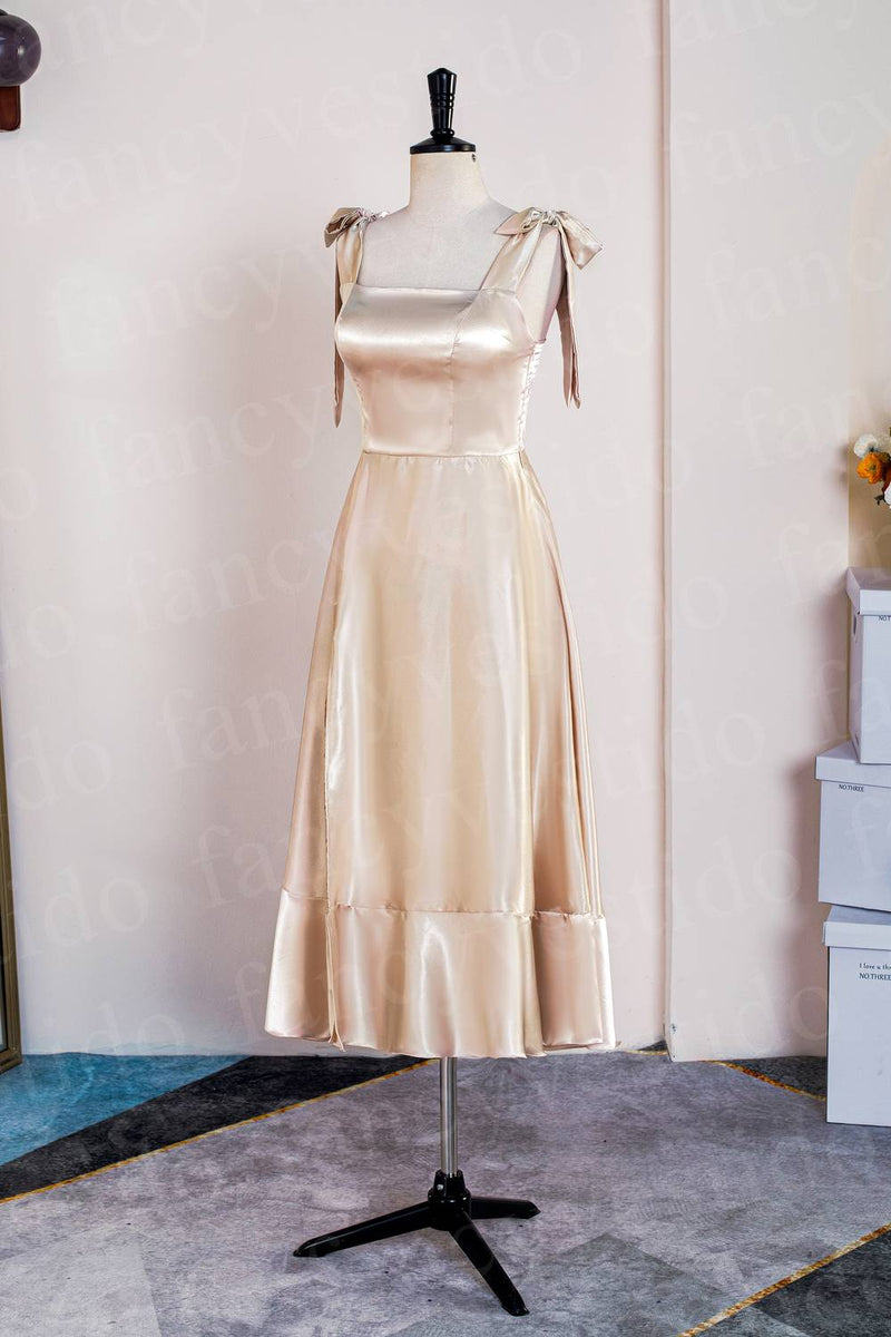 Tie Shoulder Champagne Slit Midi Bridesmaid Dress