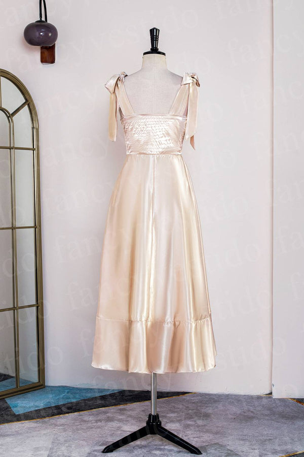 Tie Shoulder Champagne Slit Midi Bridesmaid Dress