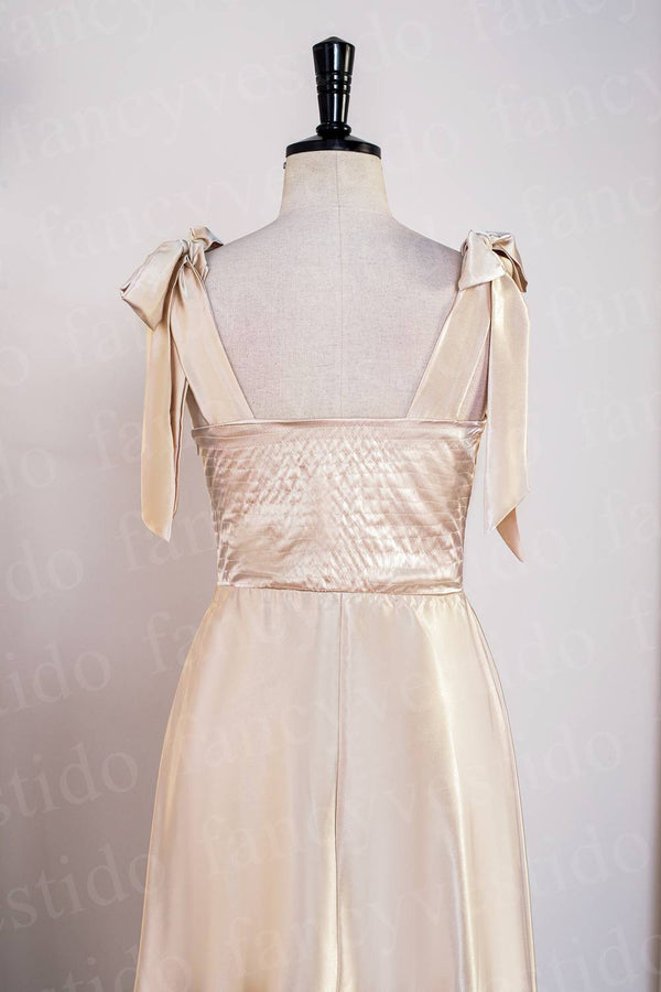 Tie Shoulder Champagne Slit Midi Bridesmaid Dress