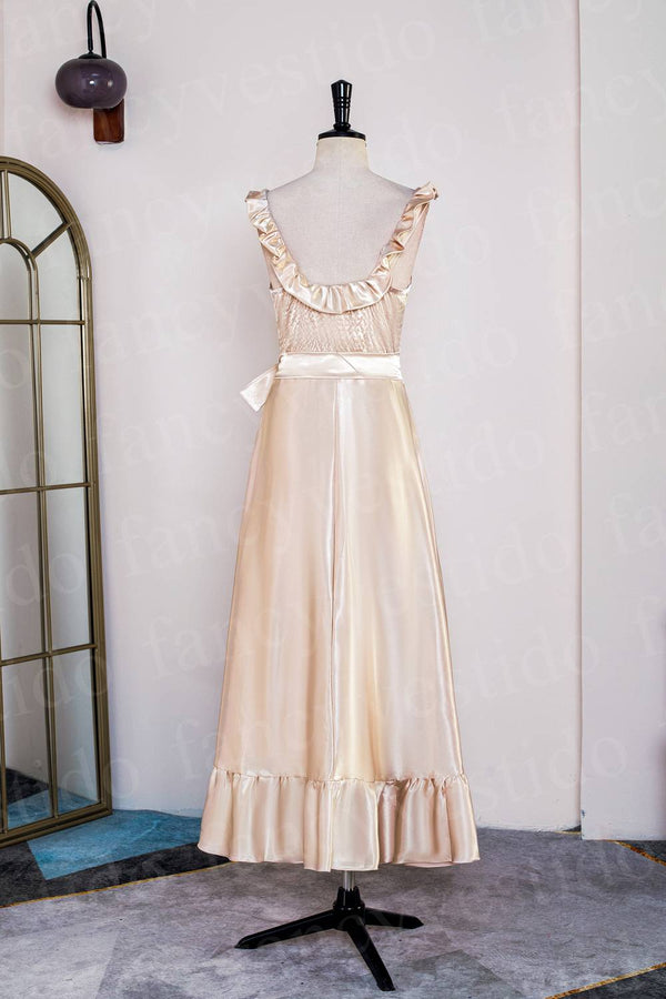 Champagne Square Neck Ruffle Midi Bridesmaid Dress