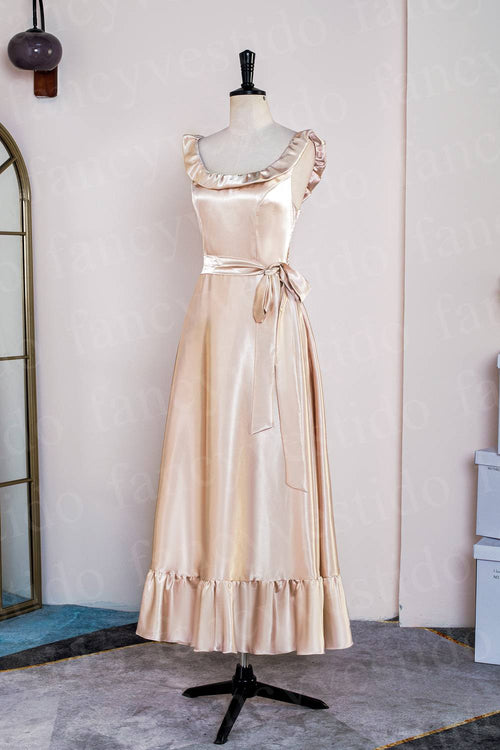 Champagne Square Neck Ruffle Midi Bridesmaid Dress