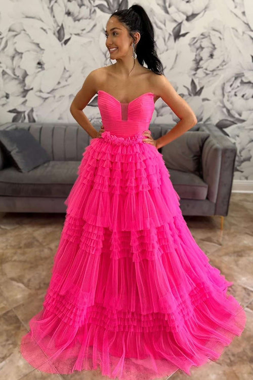 Hot Pink Strapless A-Line Tiered Tulle Formal Dress
