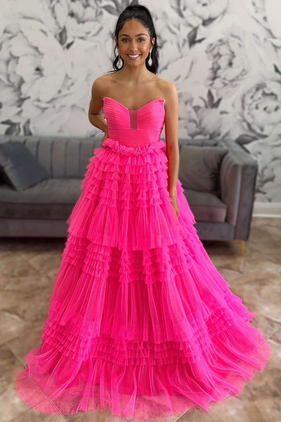 Hot Pink Strapless A-Line Tiered Tulle Formal Dress FancyVestido Hot Pink Strapless A-Line Tiered Tulle Formal Dress FancyVestido