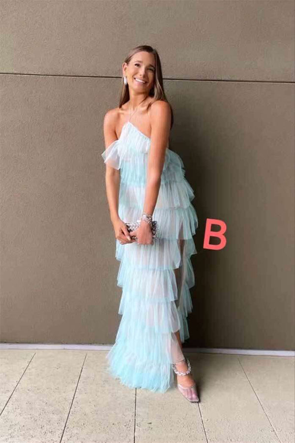 Halter Straps Spas Blue Layered Maxi Dress with Slit