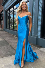 Off the Shoulder Beaded Blue Mermaid Prom Dress with Slit